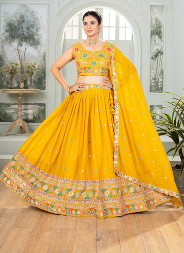 Bollywood Haldi ceremony Beautiful Yellow Georgette lehenga with sequin embroidery work.